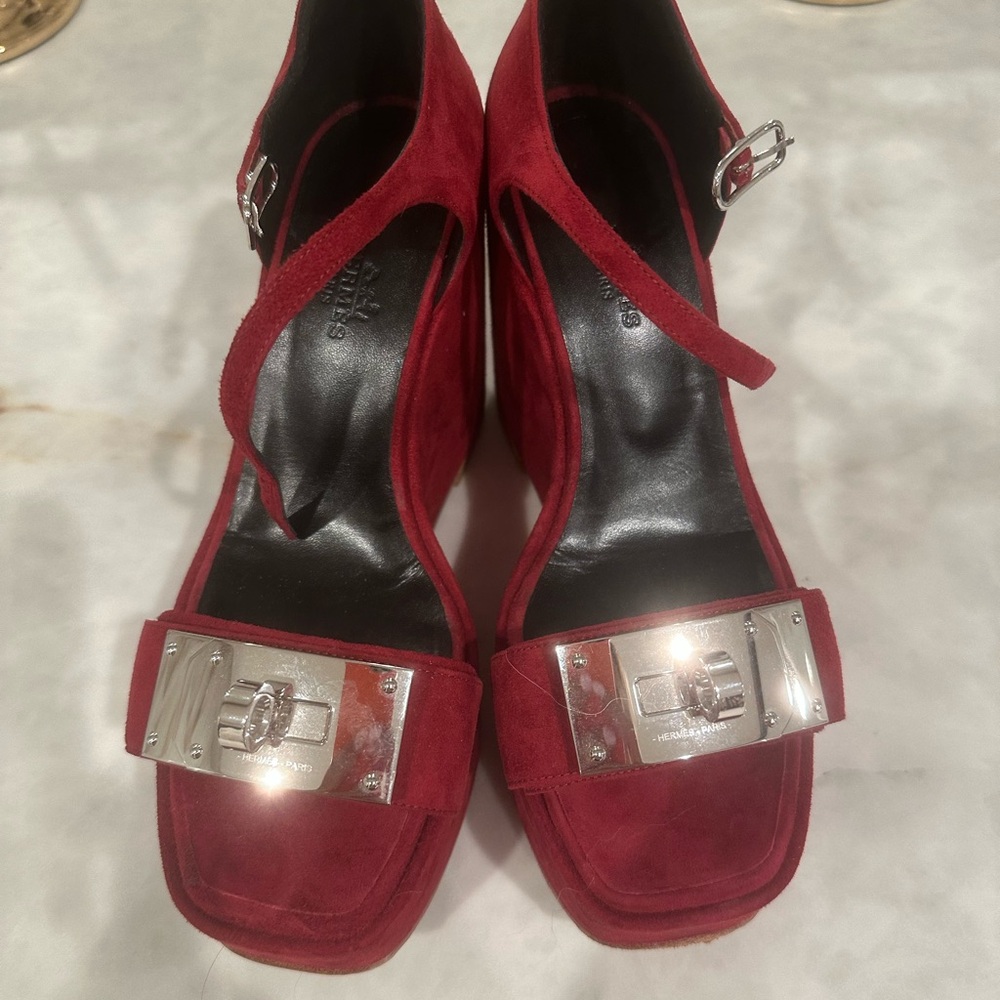 Hermes Red Suede Platform Shoes with Silver Accents